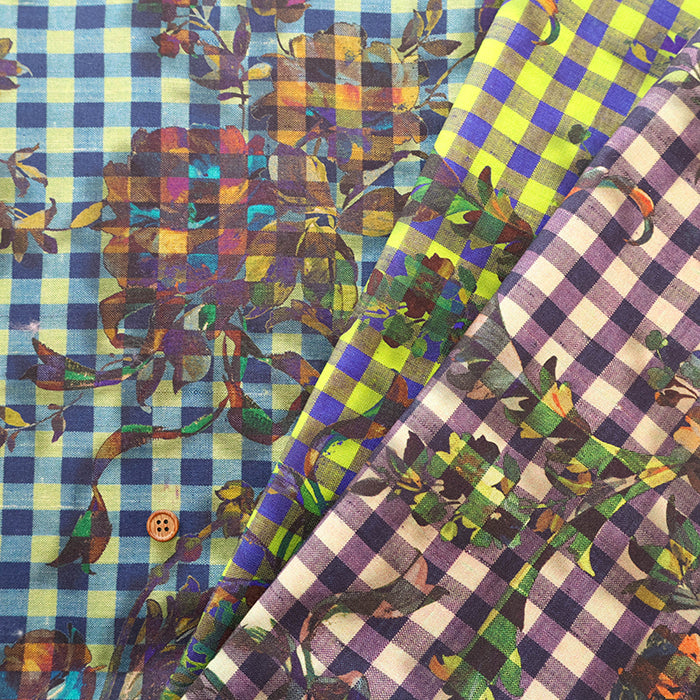Cotton Muslin printed Fabric - nora. Gingham Flower - nomura tailor