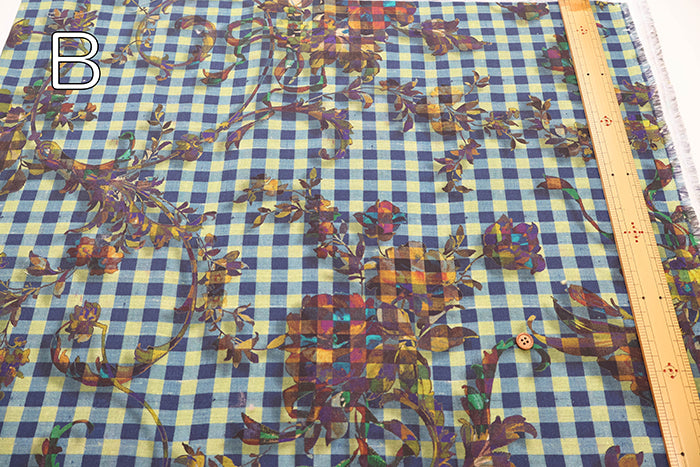 Cotton Muslin printed Fabric - nora. Gingham Flower - nomura tailor