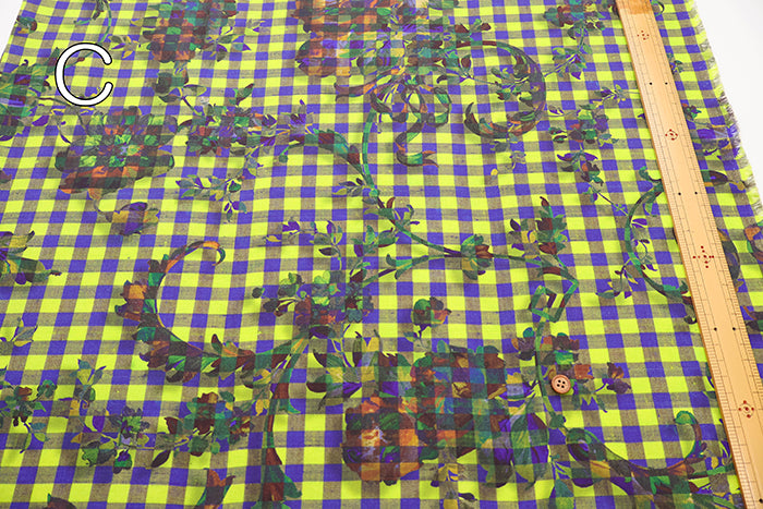 Cotton Muslin printed Fabric - nora. Gingham Flower - nomura tailor