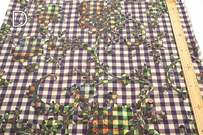 Cotton Muslin printed Fabric - nora. Gingham Flower - nomura tailor