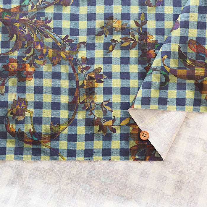 Cotton Muslin printed Fabric - nora. Gingham Flower - nomura tailor
