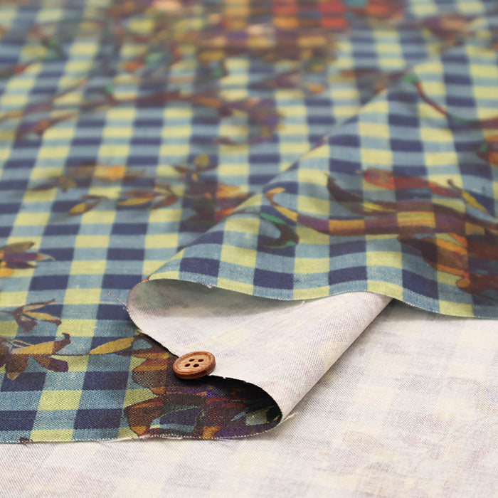 Cotton Muslin printed Fabric - nora. Gingham Flower - nomura tailor