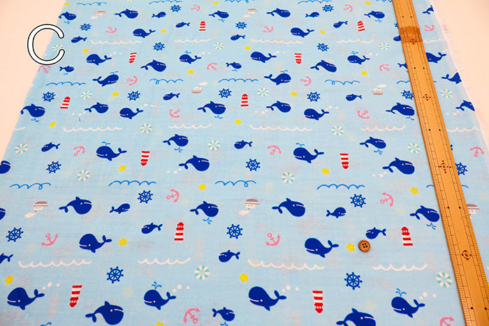Cotton Double Gauze Print Fabric - Whale - nomura tailor