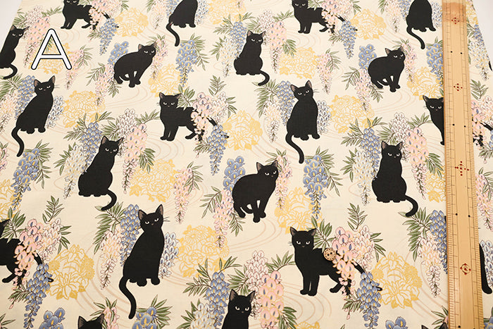 Cotton Muslin printed Fabric - Hyakka Ryōran - Wisteria Cat MINI - nomura tailor