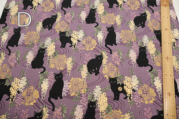 Cotton Muslin printed Fabric - Hyakka Ryōran - Wisteria Cat MINI - nomura tailor