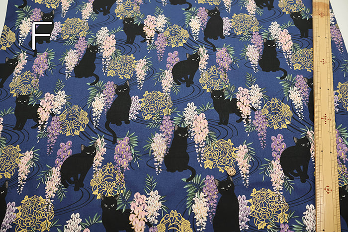 Cotton Muslin printed Fabric - Hyakka Ryōran - Wisteria Cat MINI - nomura tailor