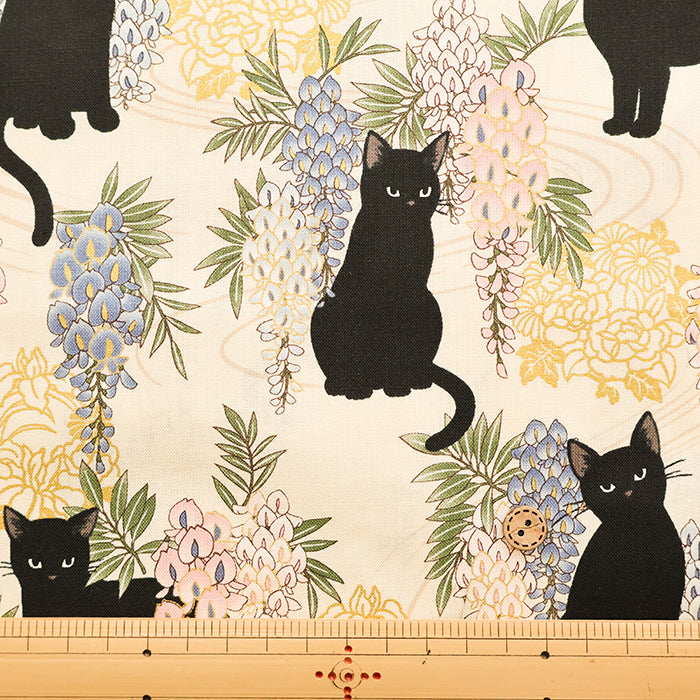 Cotton Muslin printed Fabric - Hyakka Ryōran - Wisteria Cat MINI - nomura tailor