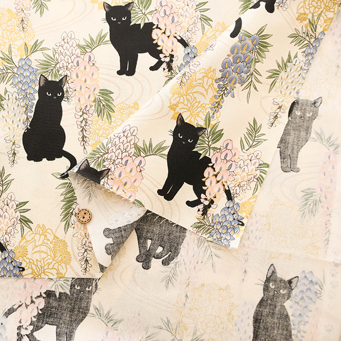 Cotton Muslin printed Fabric - Hyakka Ryōran - Wisteria Cat MINI - nomura tailor