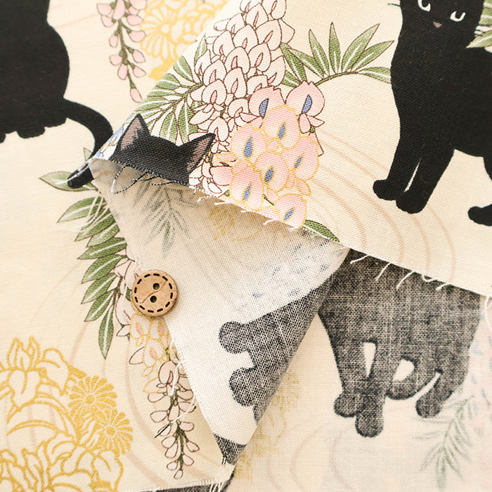 Cotton Muslin printed Fabric - Hyakka Ryōran - Wisteria Cat MINI - nomura tailor