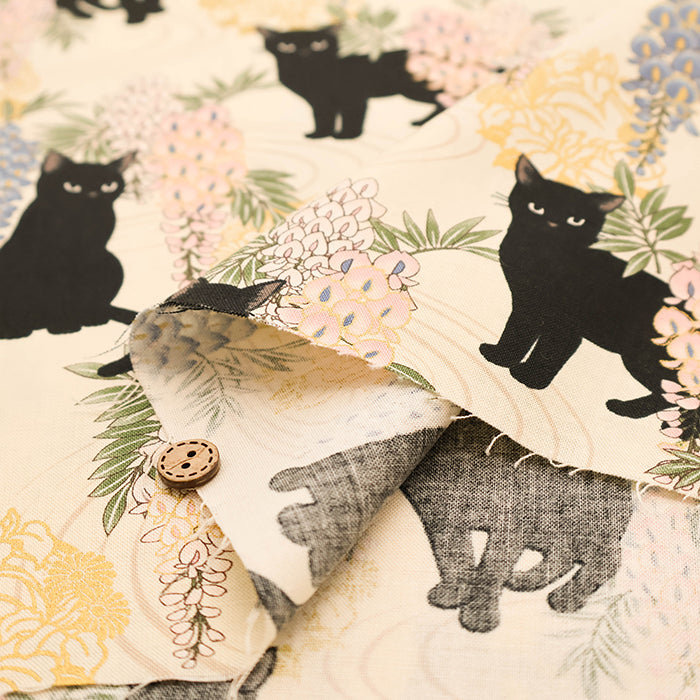 Cotton Muslin printed Fabric - Hyakka Ryōran - Wisteria Cat MINI - nomura tailor