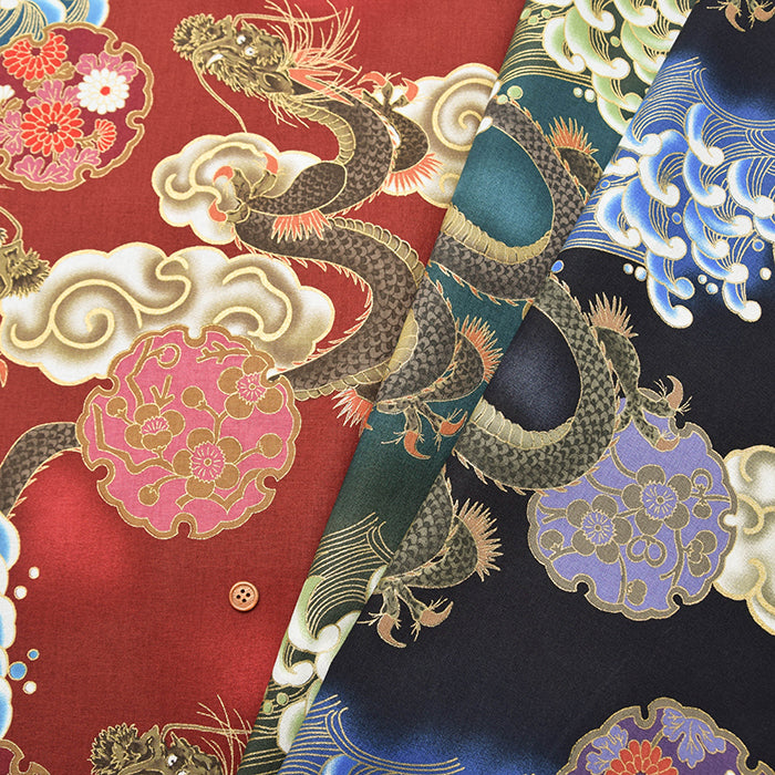 Cotton muslin  Lame (Glitter)  Fabric - Dragon and Wave - nomura tailor