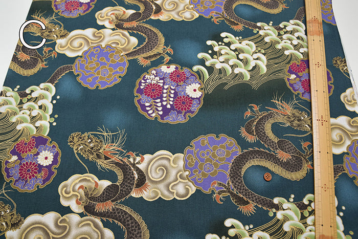 Cotton muslin  Lame (Glitter)  Fabric - Dragon and Wave - nomura tailor
