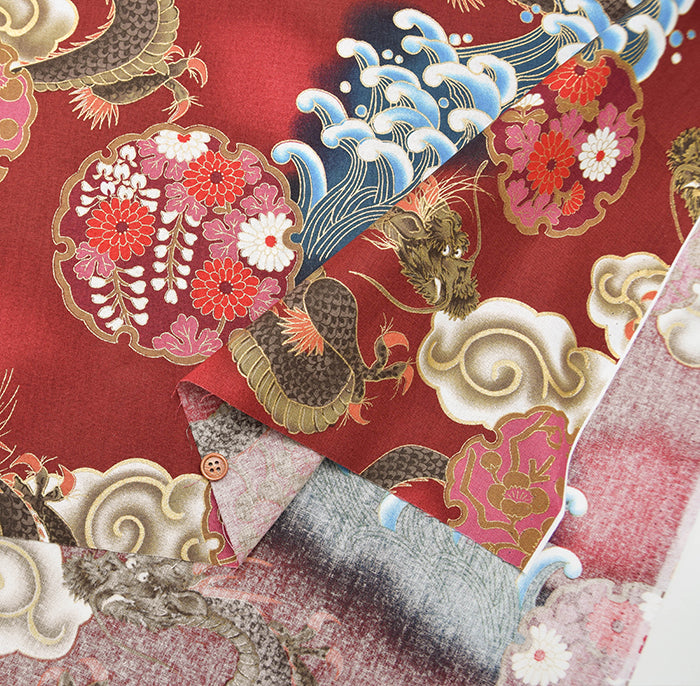 Cotton muslin  Lame (Glitter)  Fabric - Dragon and Wave - nomura tailor