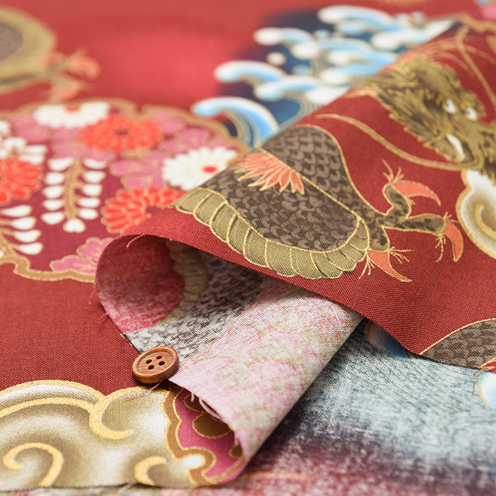 Cotton muslin  Lame (Glitter)  Fabric - Dragon and Wave - nomura tailor
