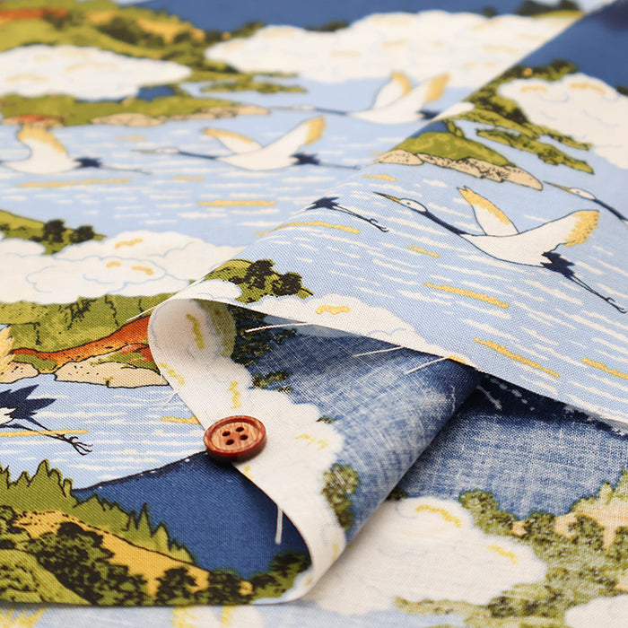 Cotton Scare Lame (Glitter) Fabric - Crane and Mt. Fuji - nomura tailor