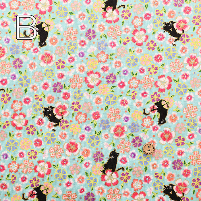 Cotton Scare Printed Fabric - Kinka Story - Dianthus and Black Cat - nomura tailor