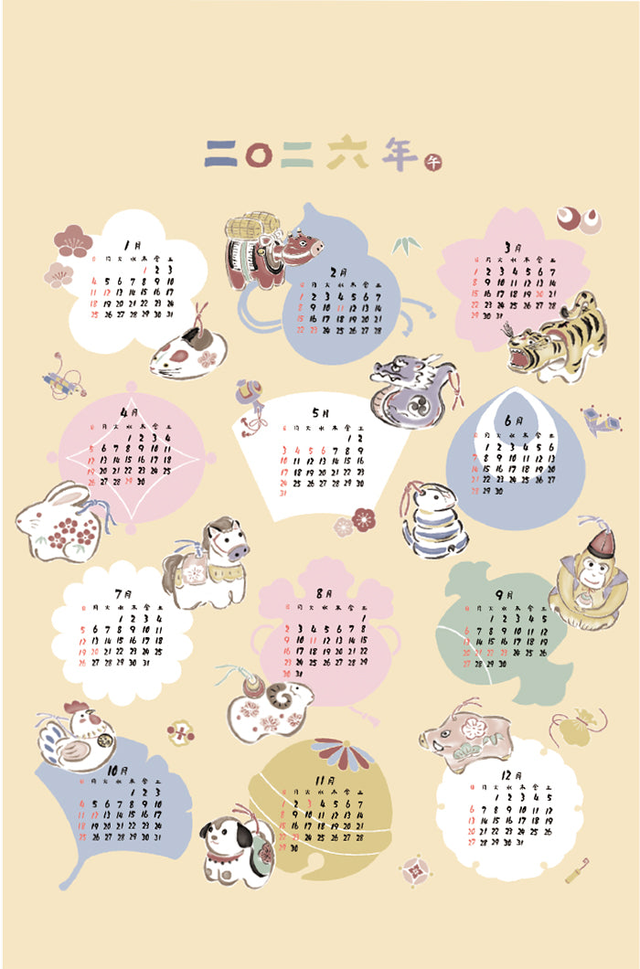 <Patterned Cut> 2026 Calendar - Zodiac Calendar (1 Pattern: Approx. 92cm × 60cm) - nomura tailor