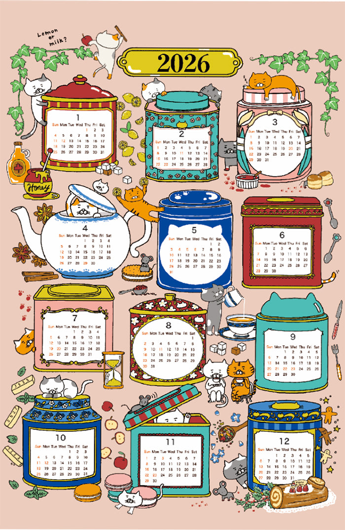 <Patterned Cut>2026 Calendar -  TEA TIME Cat (1 Pattern: Approx. 92cm × 60cm) - nomura tailor