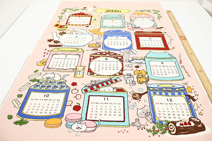 <Patterned Cut>2026 Calendar -  TEA TIME Cat (1 Pattern: Approx. 92cm × 60cm) - nomura tailor