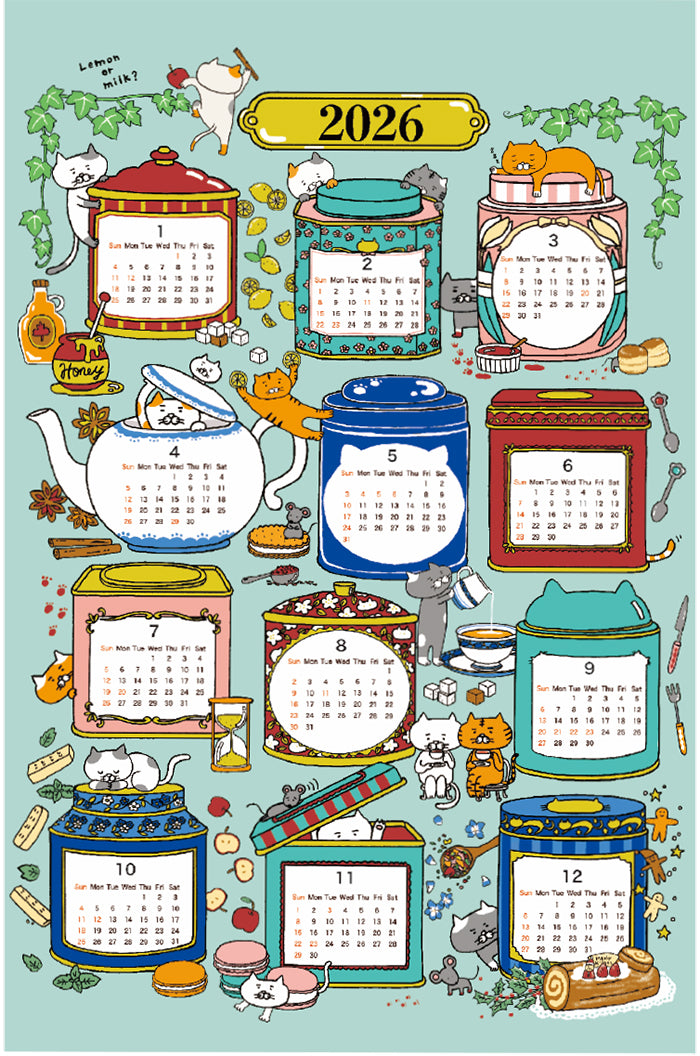 <Patterned Cut>2026 Calendar -  TEA TIME Cat (1 Pattern: Approx. 92cm × 60cm) - nomura tailor