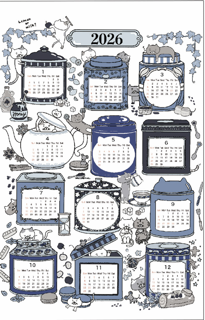 <Patterned Cut>2026 Calendar -  TEA TIME Cat (1 Pattern: Approx. 92cm × 60cm) - nomura tailor