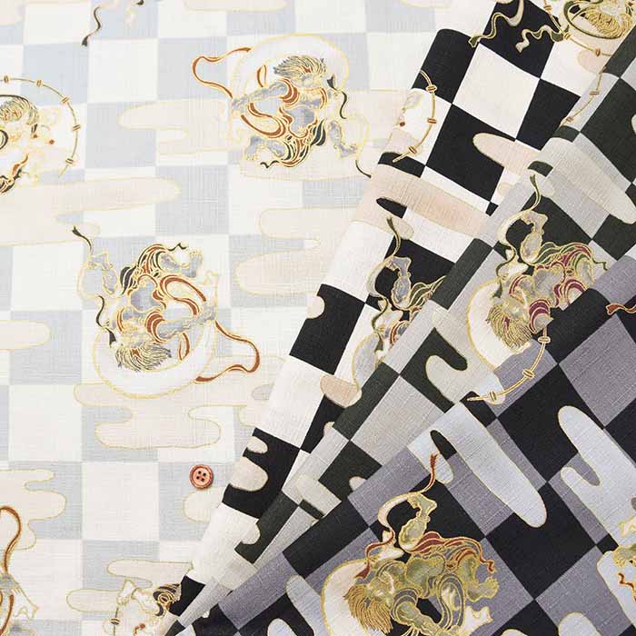 Cotton Dobby Print Fabric - Japanese Pattern, Checkered, Wind God Thunder God - nomura tailor