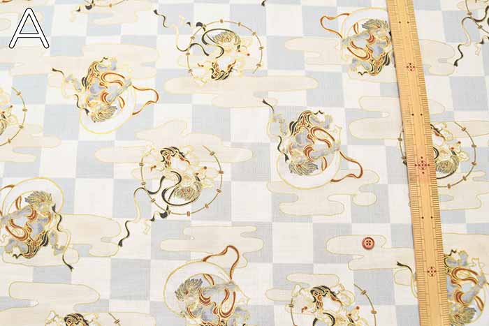 Cotton Dobby Print Fabric - Japanese Pattern, Checkered, Wind God Thunder God - nomura tailor