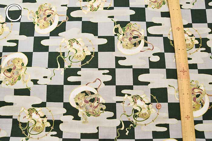 Cotton Dobby Print Fabric - Japanese Pattern, Checkered, Wind God Thunder God - nomura tailor