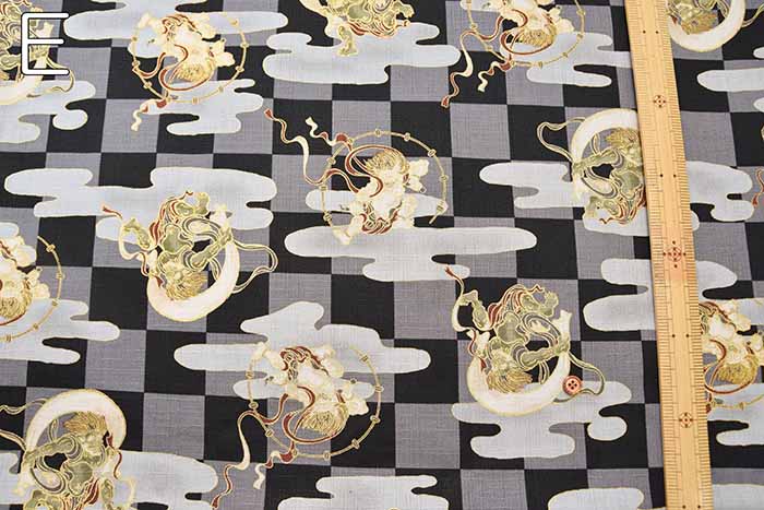 Cotton Dobby Print Fabric - Japanese Pattern, Checkered, Wind God Thunder God - nomura tailor