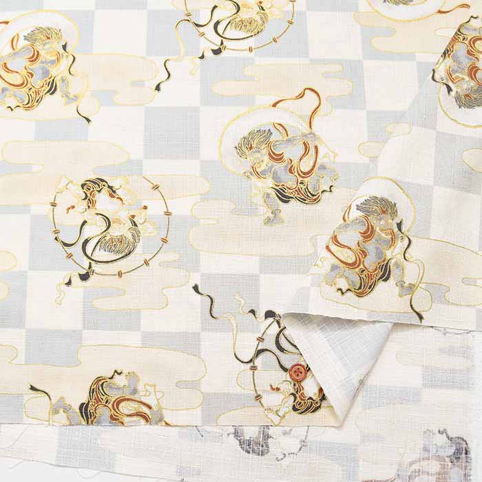 Cotton Dobby Print Fabric - Japanese Pattern, Checkered, Wind God Thunder God - nomura tailor
