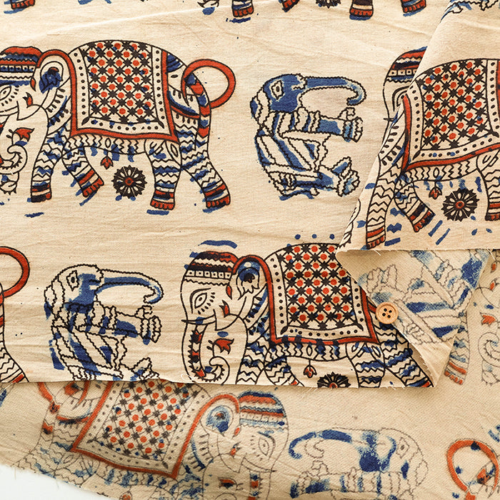 Made in India Cotton Kalamkari Printed Fabric - Elephant - nomura tailor
