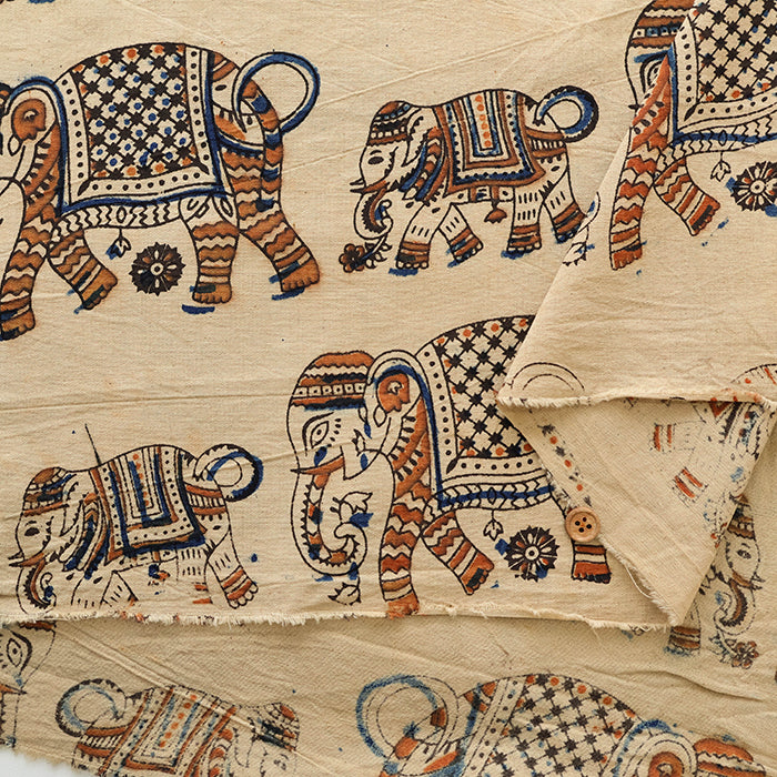 Made in India Cotton Kalamkari Printed Fabric - Elephant - nomura tailor