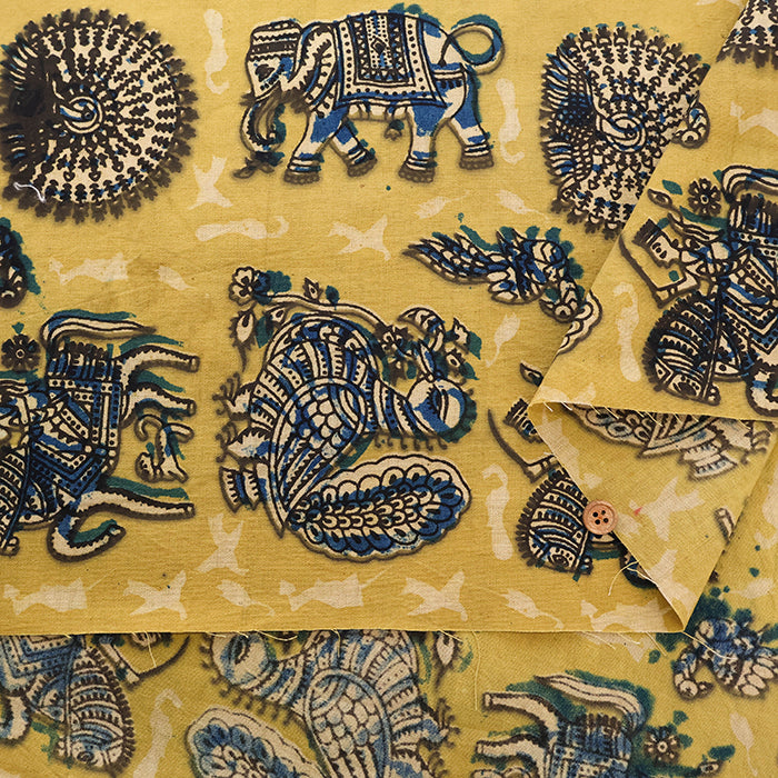 Made in India Cotton Kalamkari Printed Fabric -  Bird and Elephant - nomura tailor