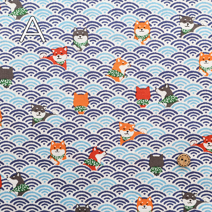 Cotton Scare Printed Fabric - Nuno-wari, Waves and Shiba Dog - nomura tailor