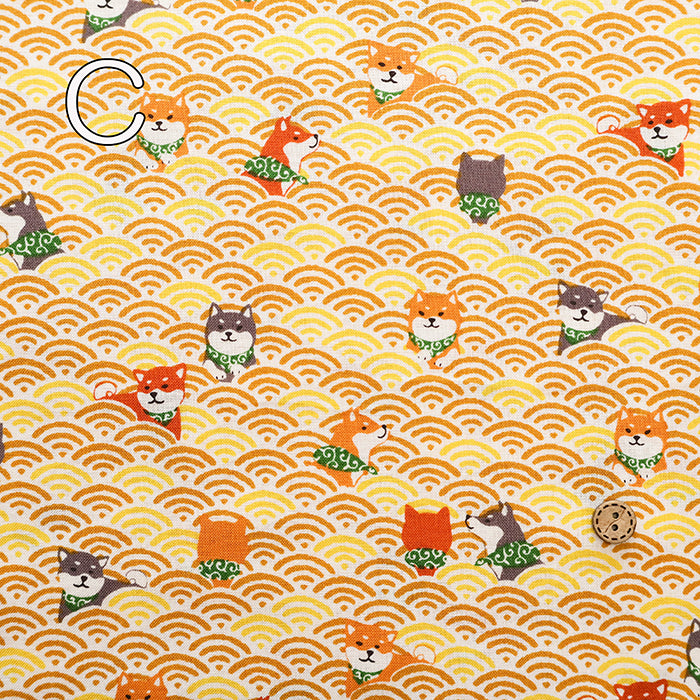 Cotton Scare Printed Fabric - Nuno-wari, Waves and Shiba Dog - nomura tailor