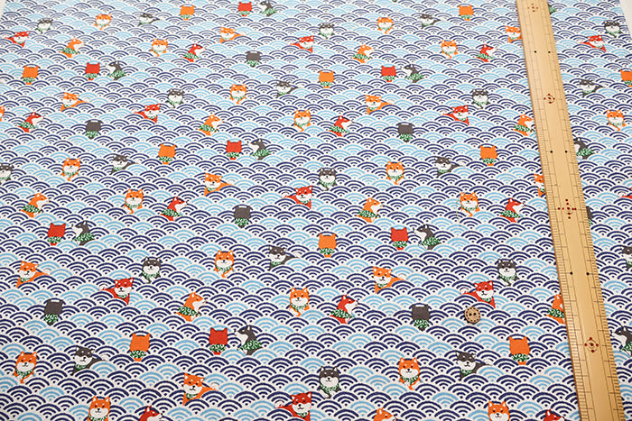 Cotton Scare Printed Fabric - Nuno-wari, Waves and Shiba Dog - nomura tailor