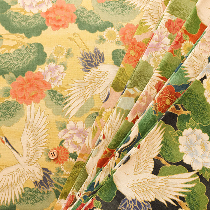 Cotton Muslin Printed Fabric - Japanese Pattern, Vintage-style Crane - nomura tailor