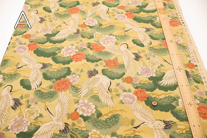 Cotton Muslin Printed Fabric - Japanese Pattern, Vintage-style Crane - nomura tailor