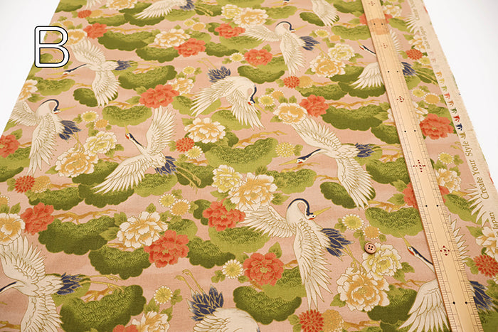 Cotton Muslin Printed Fabric - Japanese Pattern, Vintage-style Crane - nomura tailor