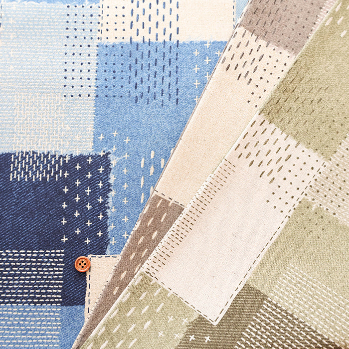 C/L Canvas Print Fabric Denim - Sashiko-style Patchwork - nomura tailor