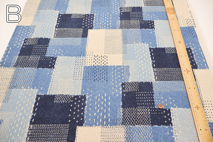C/L Canvas Print Fabric Denim - Sashiko-style Patchwork - nomura tailor