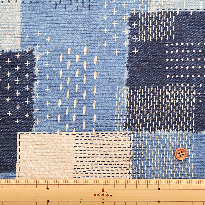 C/L Canvas Print Fabric Denim - Sashiko-style Patchwork - nomura tailor