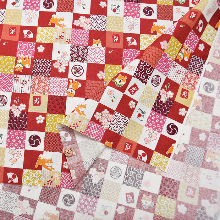 Cotton muslin Fabric - “Walk in the Park, Japanese Patch Shiba Inu” - nomura tailor
