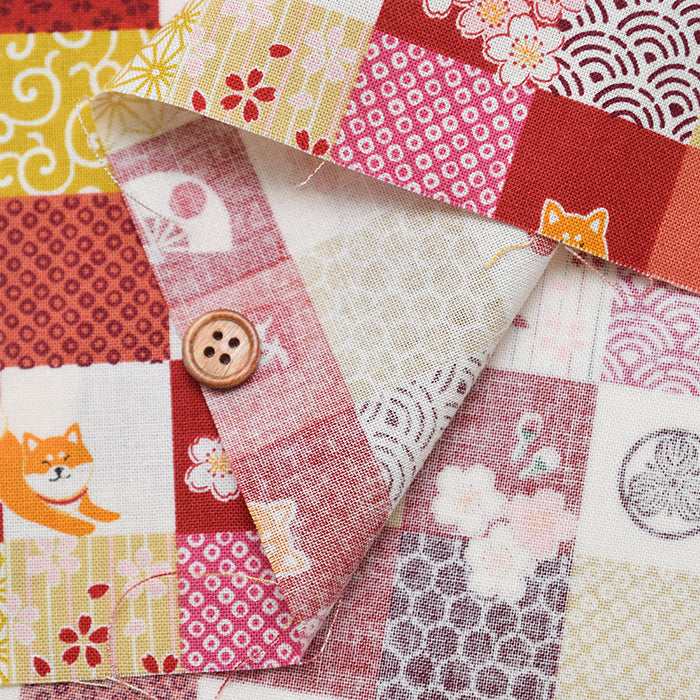 Cotton muslin Fabric - “Walk in the Park, Japanese Patch Shiba Inu” - nomura tailor