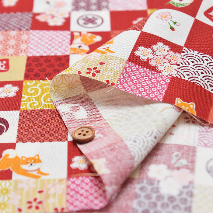Cotton muslin Fabric - “Walk in the Park, Japanese Patch Shiba Inu” - nomura tailor