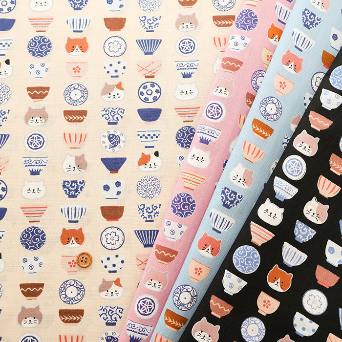 Cotton Scare Printed Fabric - Cat and Rice Bowl - nomura tailor