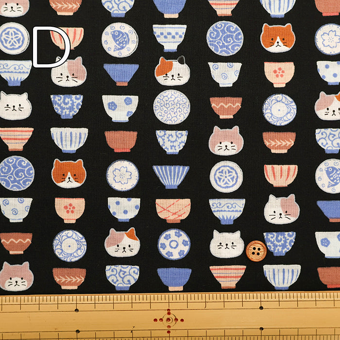 Cotton Scare Printed Fabric - Cat and Rice Bowl - nomura tailor