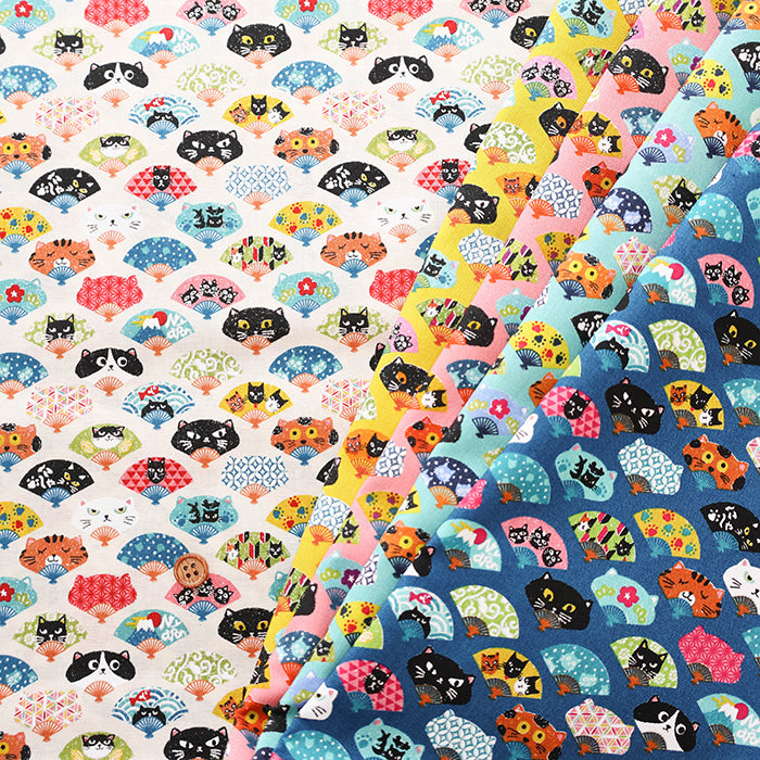 Cotton Scare Printed Fabric - Nyanko-da-Wa Folding Fan Cat - nomura tailor
