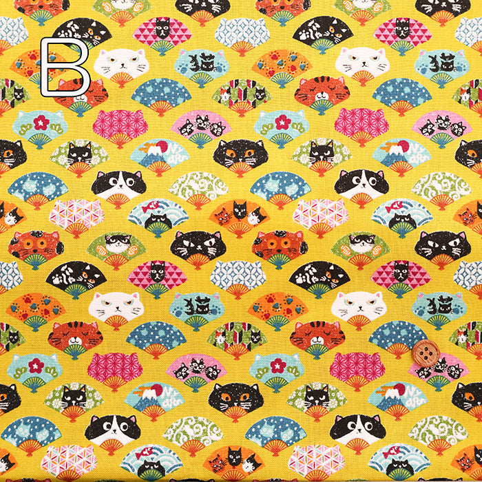 Cotton Scare Printed Fabric - Nyanko-da-Wa Folding Fan Cat - nomura tailor
