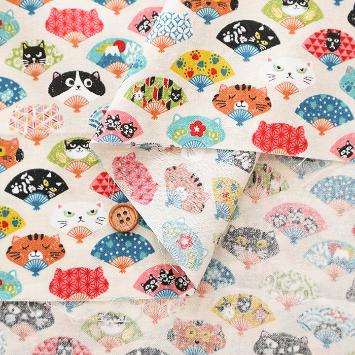 Cotton Scare Printed Fabric - Nyanko-da-Wa Folding Fan Cat - nomura tailor
